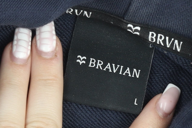 Bravian Men’s Navy Blue Pullover Hoodie L Cotton Graphic Logo