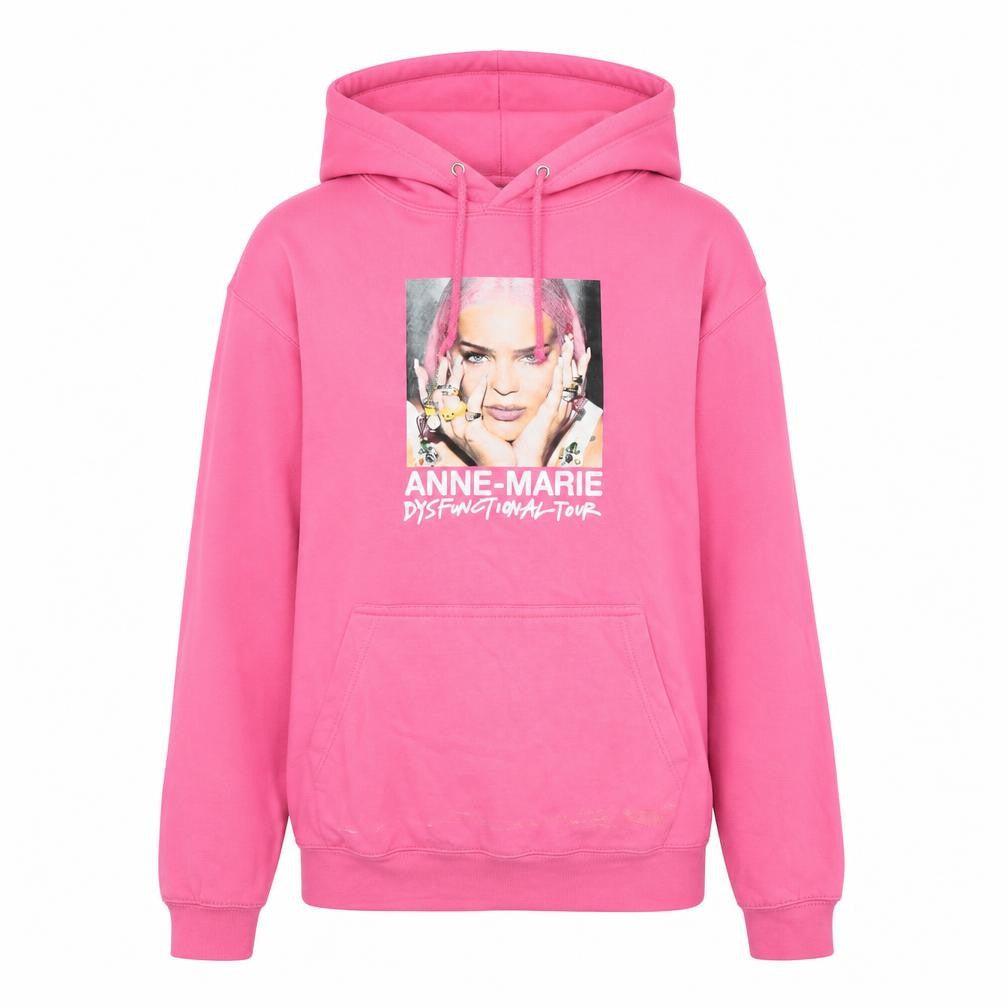 Front view of Just Hoods Women’s Pink Pullover Hoodie Anne-Marie Tour Small