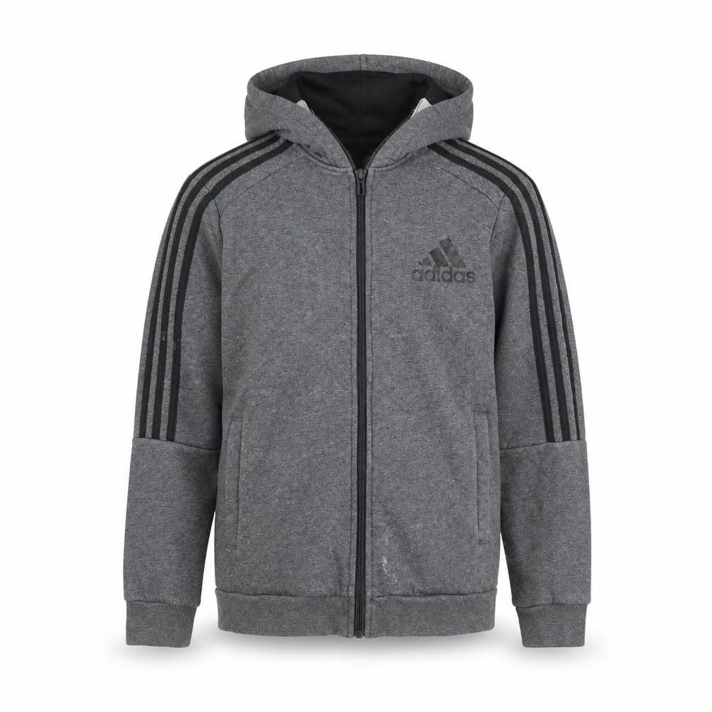 Front view of Adidas Teens Grey Full Zip Hoodie, size 164, Fleece Lined Sports Style
