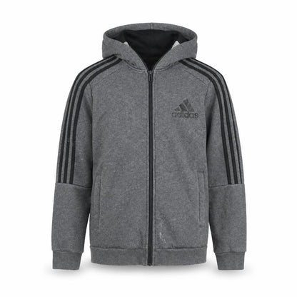 Front view of Adidas Teens Grey Full Zip Hoodie, size 164, Fleece Lined Sports Style