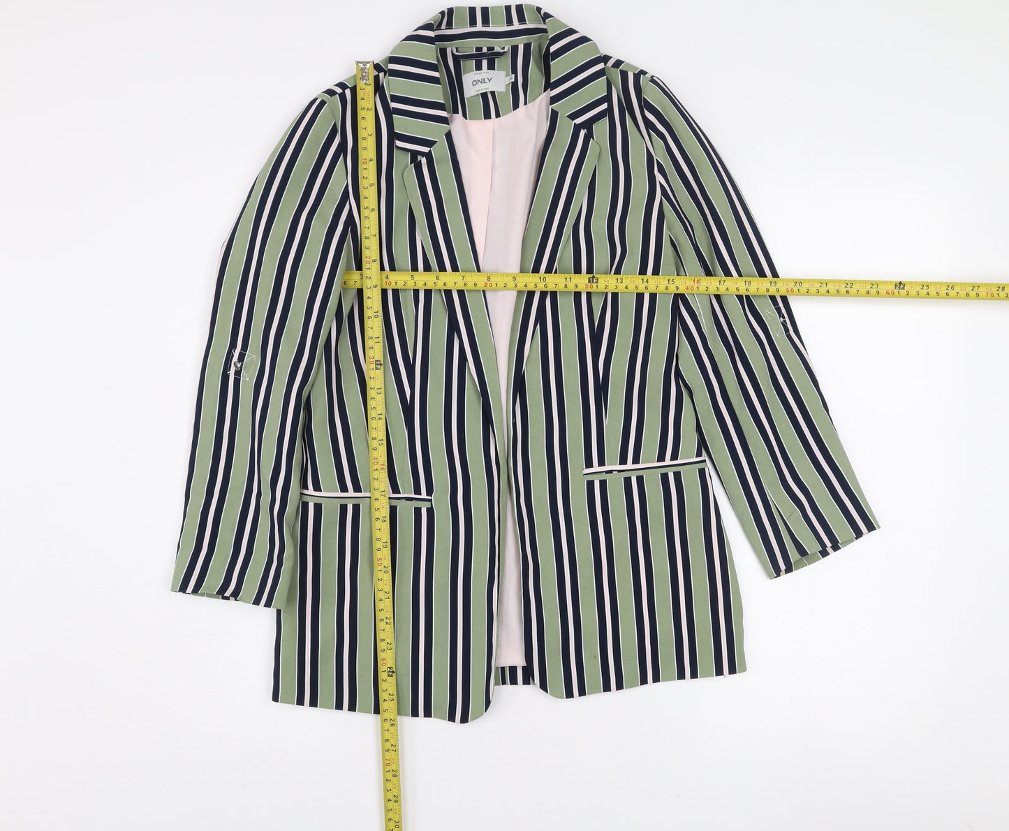 ONLY Women Green Striped Long Blazer Jacket Size 8
