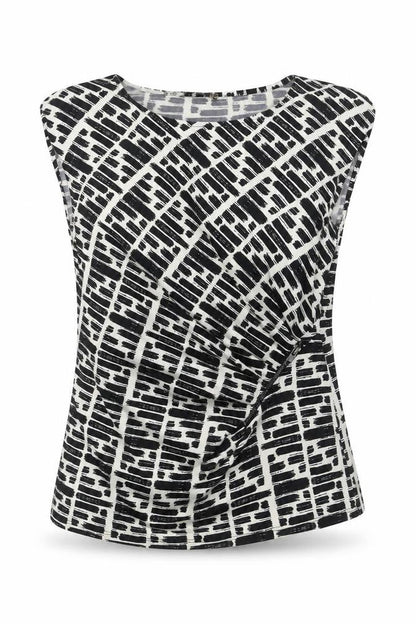 Front view of Principles by Ben de Lisi women’s black geometric wrap blouse, size UK 14