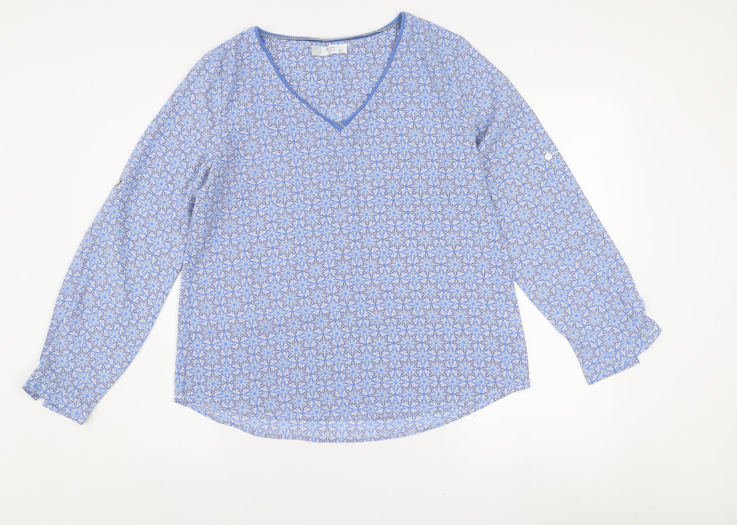 Sarah John Women's Blue Geometric Long Sleeve Viscose Blouse Size M