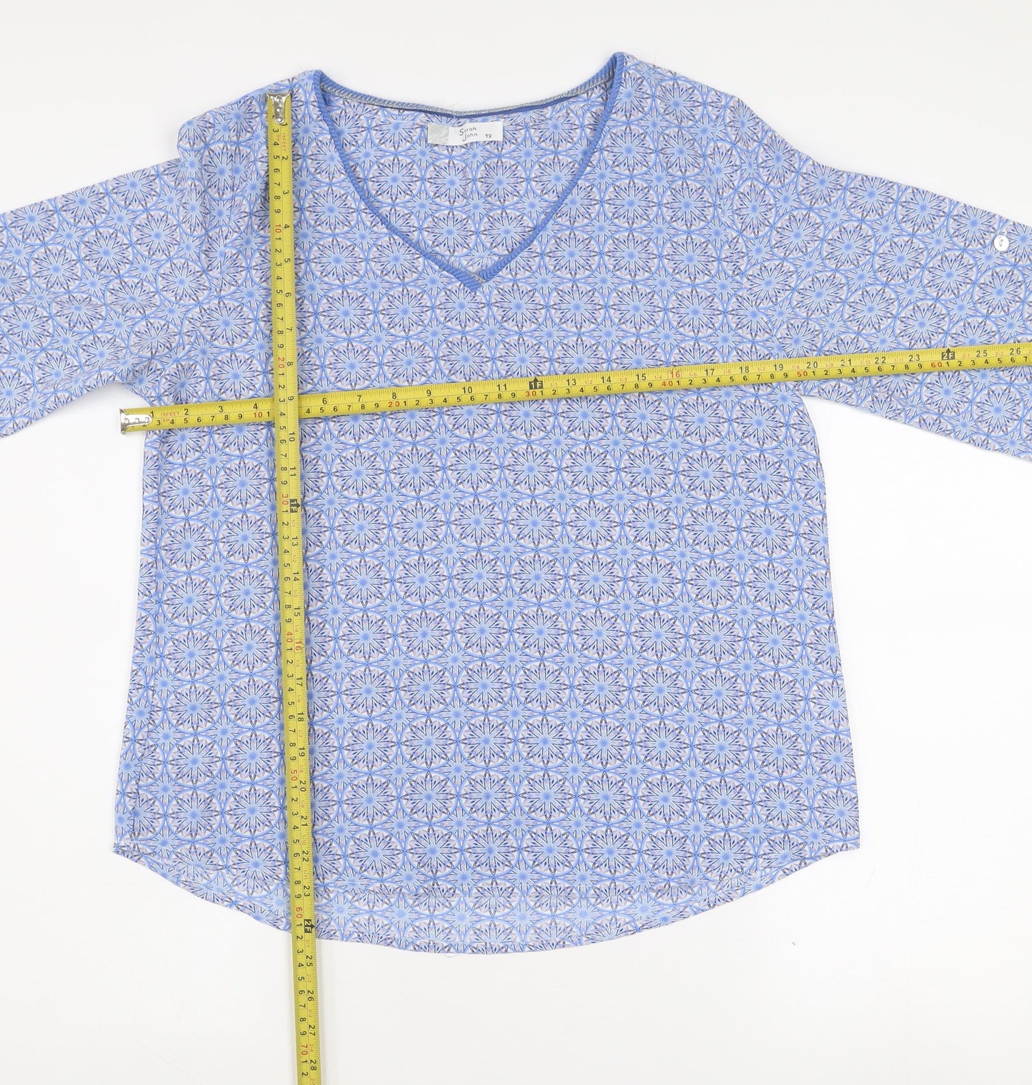 Sarah John Women's Blue Geometric Long Sleeve Viscose Blouse Size M