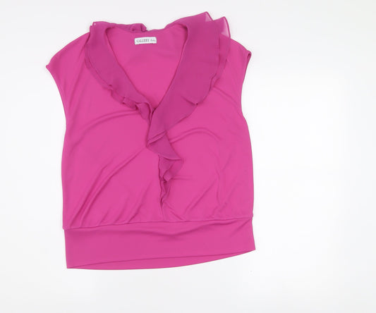 Additional front view of Gallery Women's Pink Ruffle V-Neck Sleeveless Chiffon Blouse M