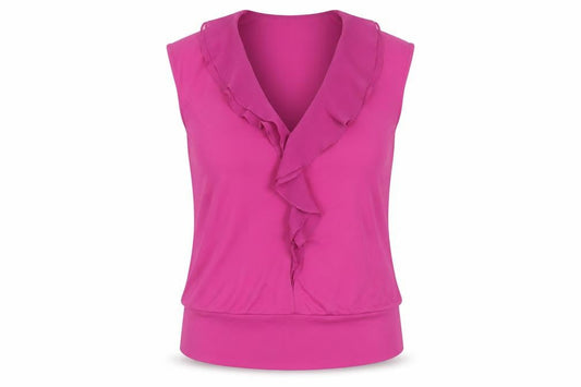 Front view of Gallery Women's Pink Ruffle V-Neck Sleeveless Chiffon Blouse M