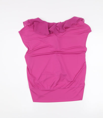 Gallery Women's Pink Ruffle V-Neck Sleeveless Chiffon Blouse M