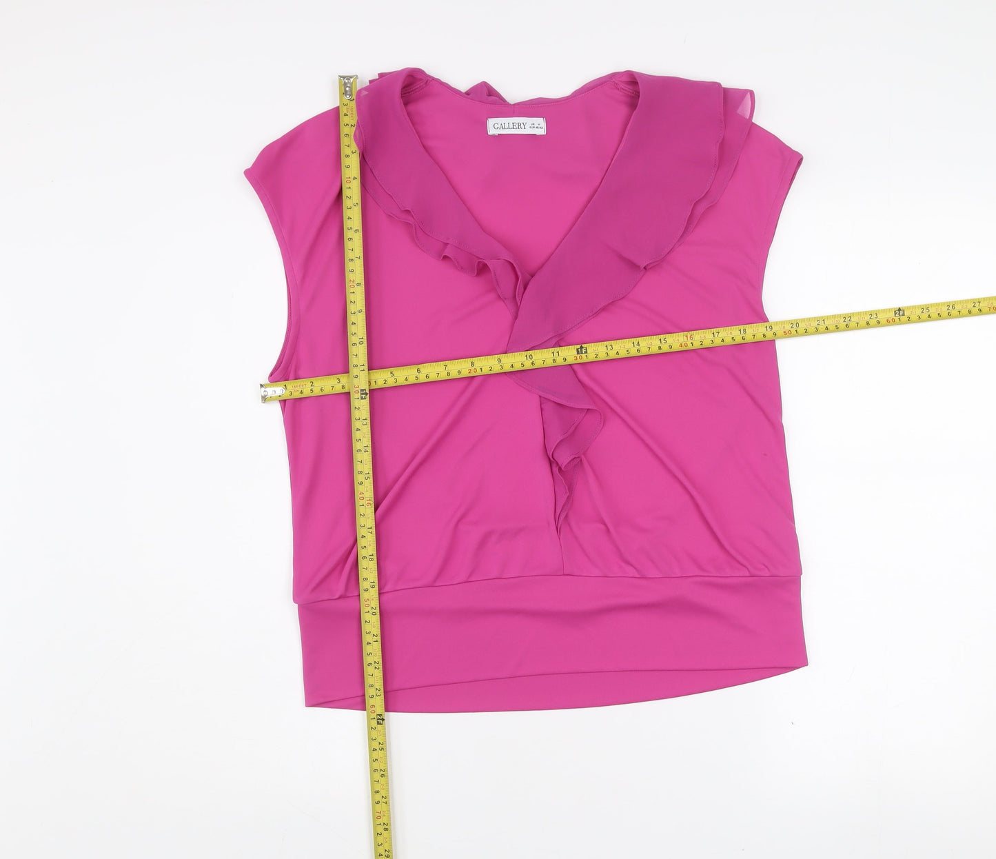 Gallery Women's Pink Ruffle V-Neck Sleeveless Chiffon Blouse M