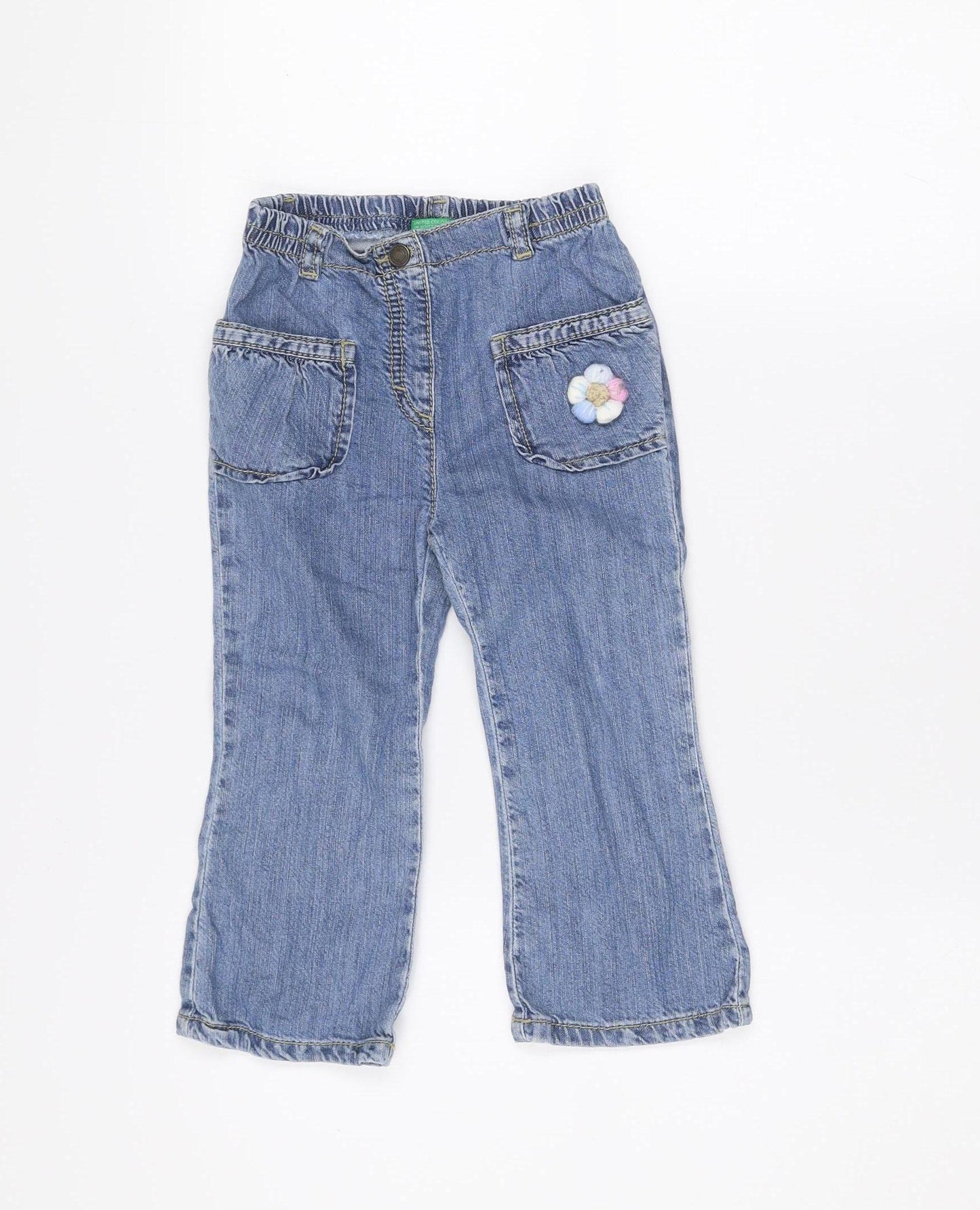 Benetton Girls Blue Denim Jeans 24 Months Straight Leg Embroidered Flower