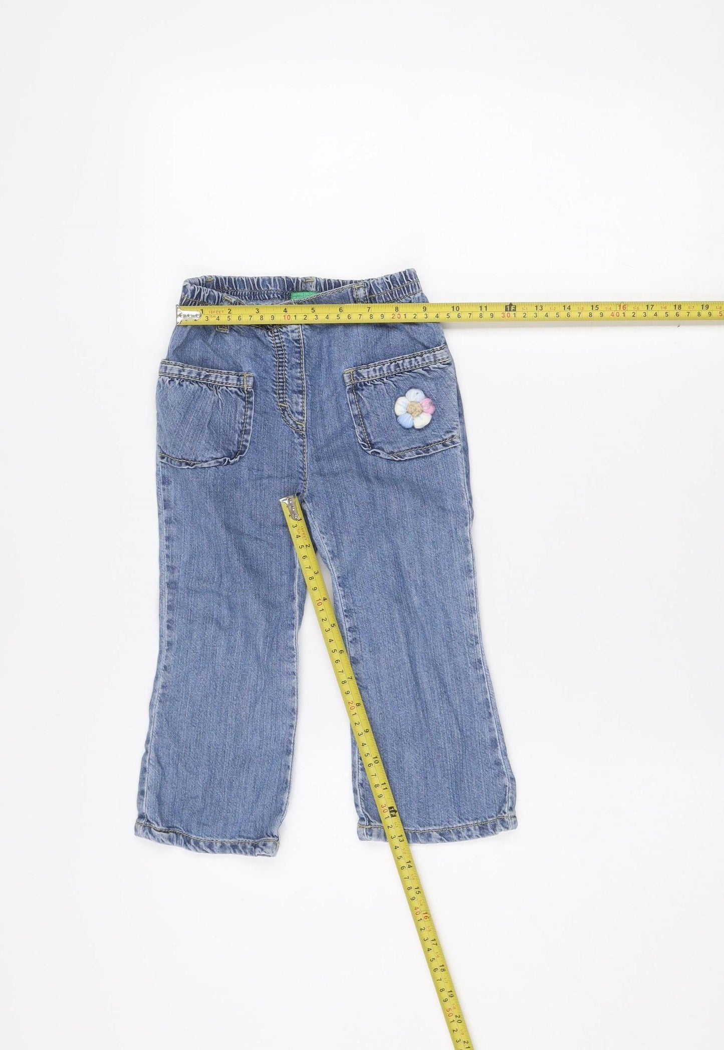 Benetton Girls Blue Denim Jeans 24 Months Straight Leg Embroidered Flower