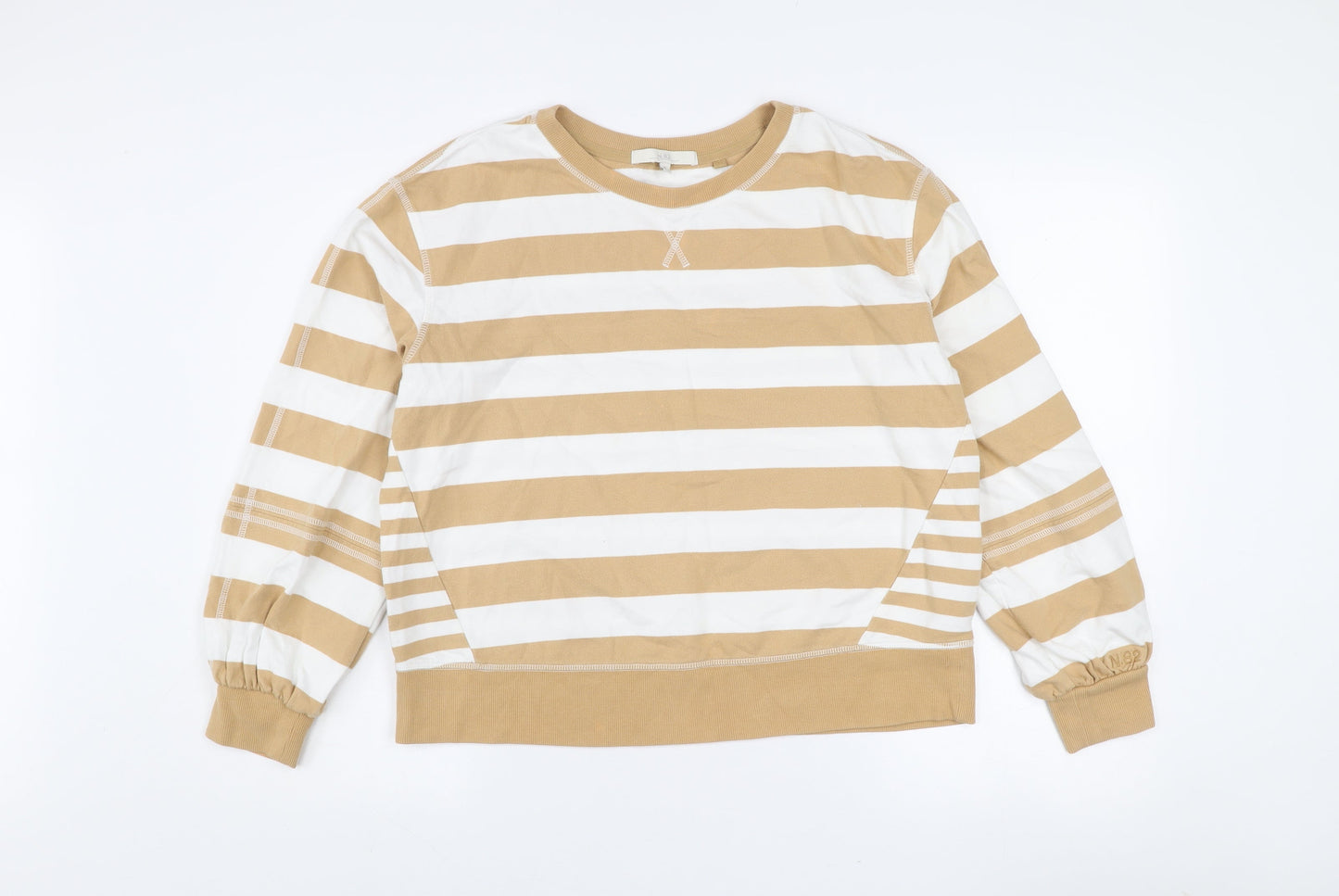 Next Women Beige White Striped Cotton Crew Neck Pullover Jumper M