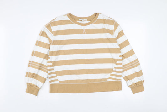 Next Women Beige White Striped Cotton Crew Neck Pullover Jumper M