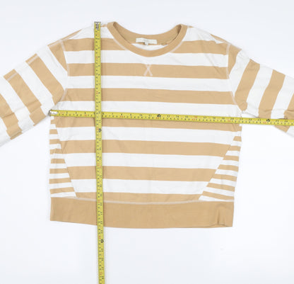 Next Women Beige White Striped Cotton Crew Neck Pullover Jumper M
