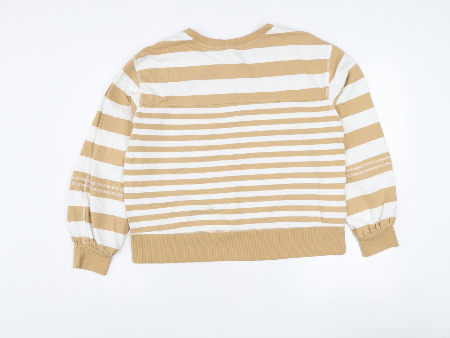 Next Women Beige White Striped Cotton Crew Neck Pullover Jumper M
