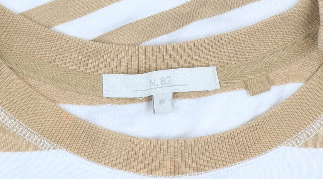 Next Women Beige White Striped Cotton Crew Neck Pullover Jumper M