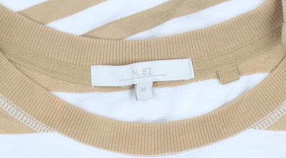 Next Women Beige White Striped Cotton Crew Neck Pullover Jumper M