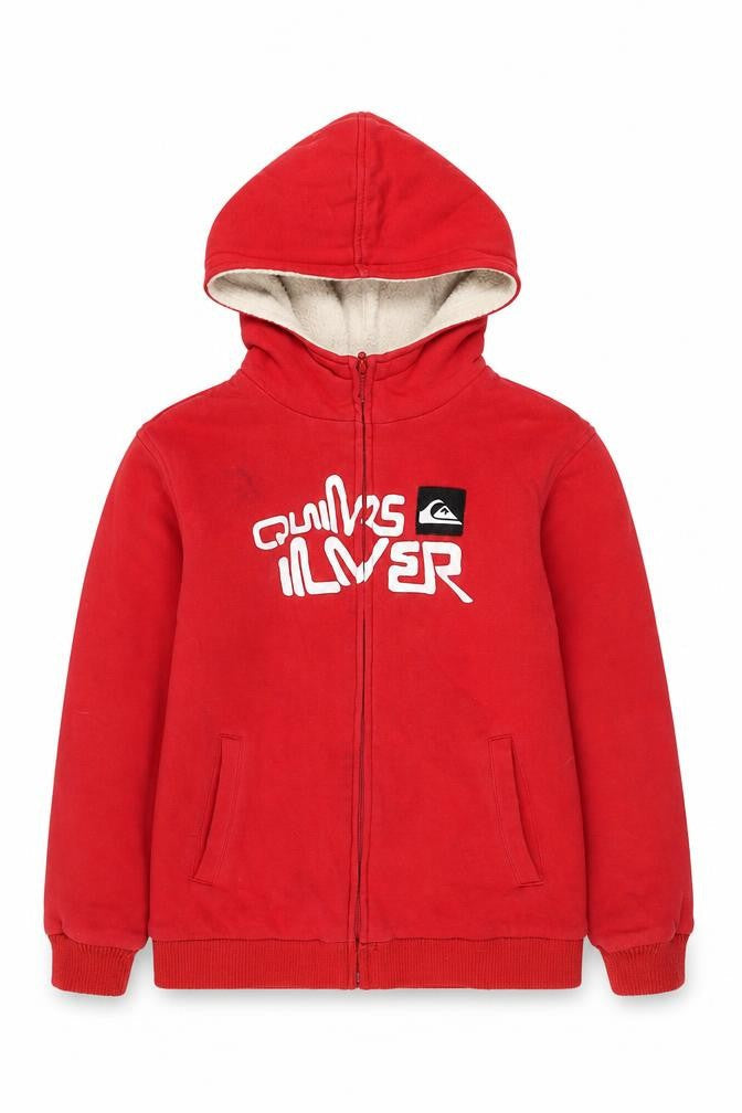 Front view of Quiksilver boys’ red sherpa-lined hooded full zip jacket 14 years