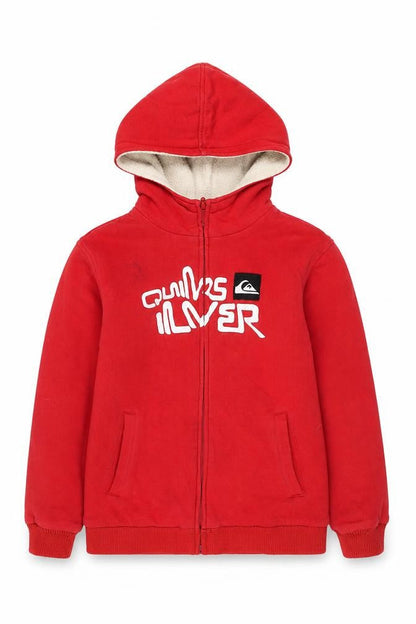 Front view of Quiksilver boys’ red sherpa-lined hooded full zip jacket 14 years