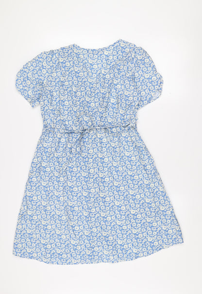 Dunnes Women’s Blue Floral Wrap Dress Size 10 Short Puff Sleeve