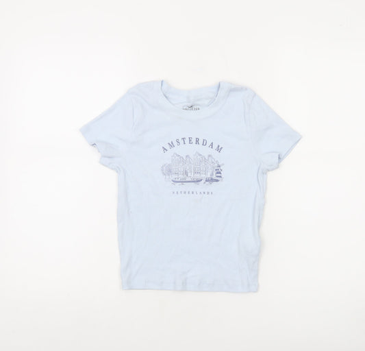 Hollister Women Blue Amsterdam Print Slim Fit T-Shirt Size M