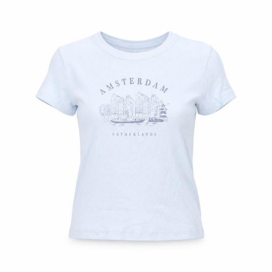Hollister Women Blue Amsterdam Print Slim Fit T-Shirt Size M