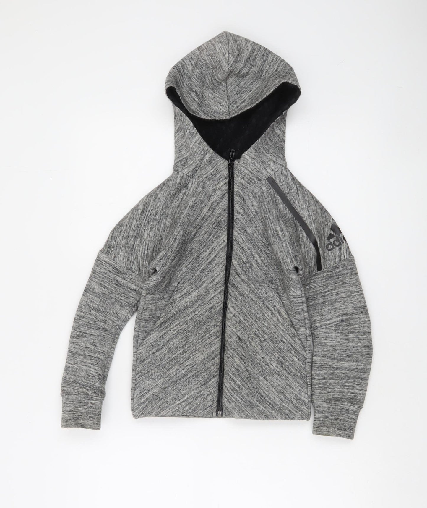Adidas Boys Grey Full Zip Hoodie XS 7-8 Years Soft Fleece-Lined Activewear