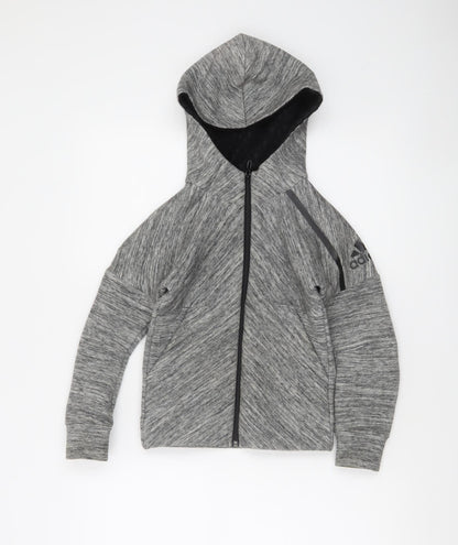 Adidas Boys Grey Full Zip Hoodie XS 7-8 Years Soft Fleece-Lined Activewear