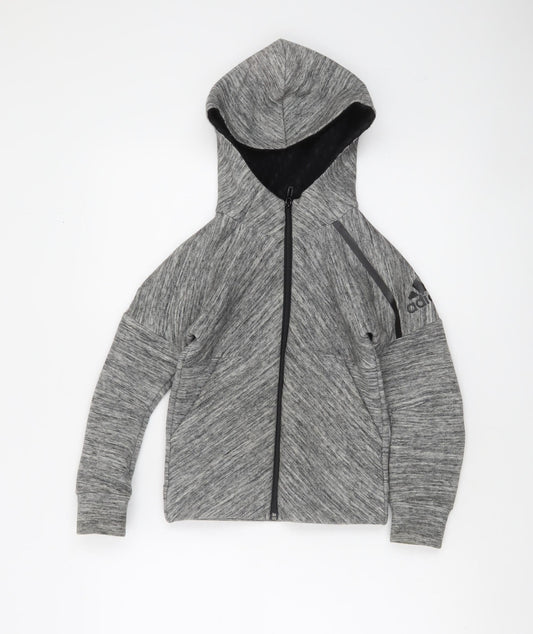Adidas Boys Grey Full Zip Hoodie XS 7-8 Years Soft Fleece-Lined Activewear