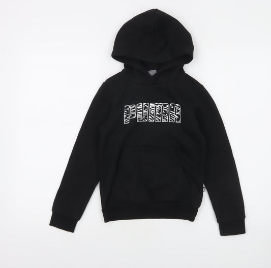 Puma Boys Black Pullover Hoodie 9-10 Years Graphic Print Kangaroo Pocket