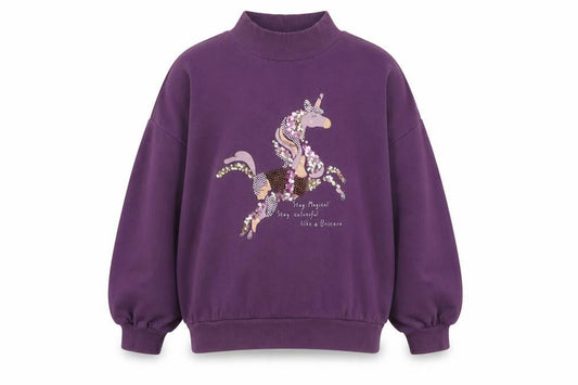 Front view of Next girls’ purple sequin unicorn sweatshirt 9 years cotton blend