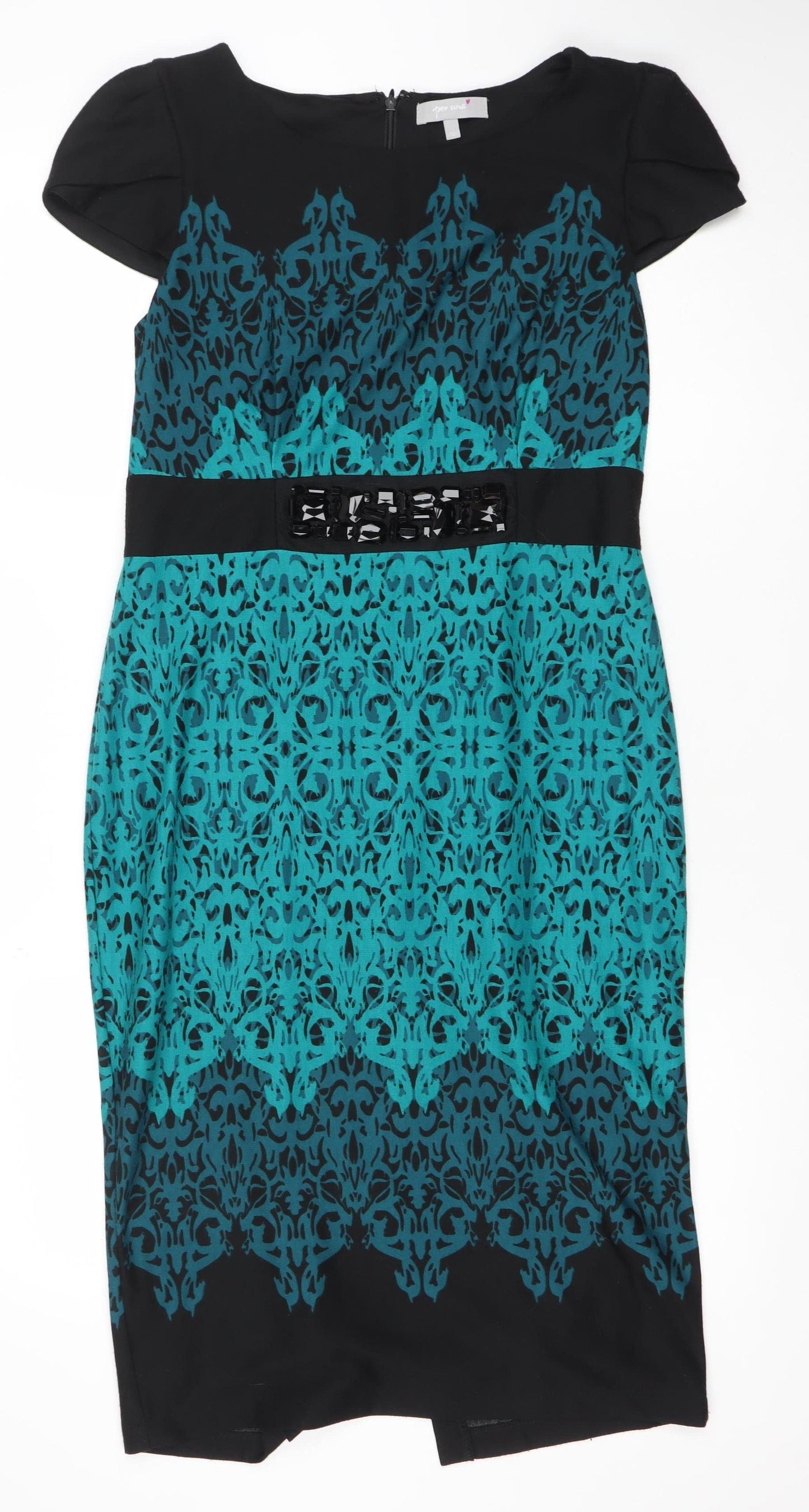 Per Una Women’s Blue Black Beaded Bodycon Knee Length Dress Size 12