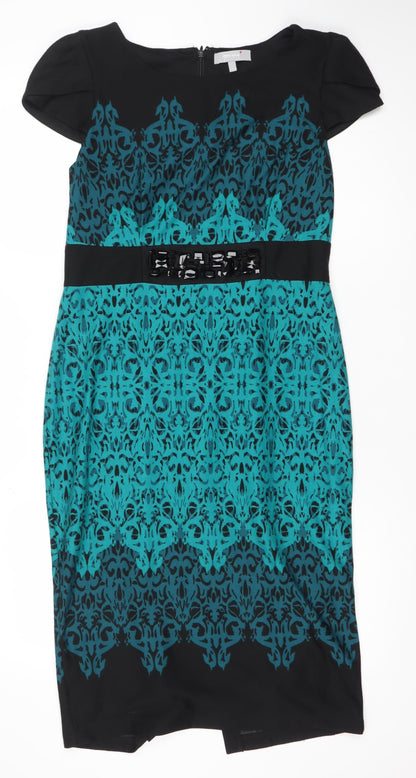 Per Una Women’s Blue Black Beaded Bodycon Knee Length Dress Size 12