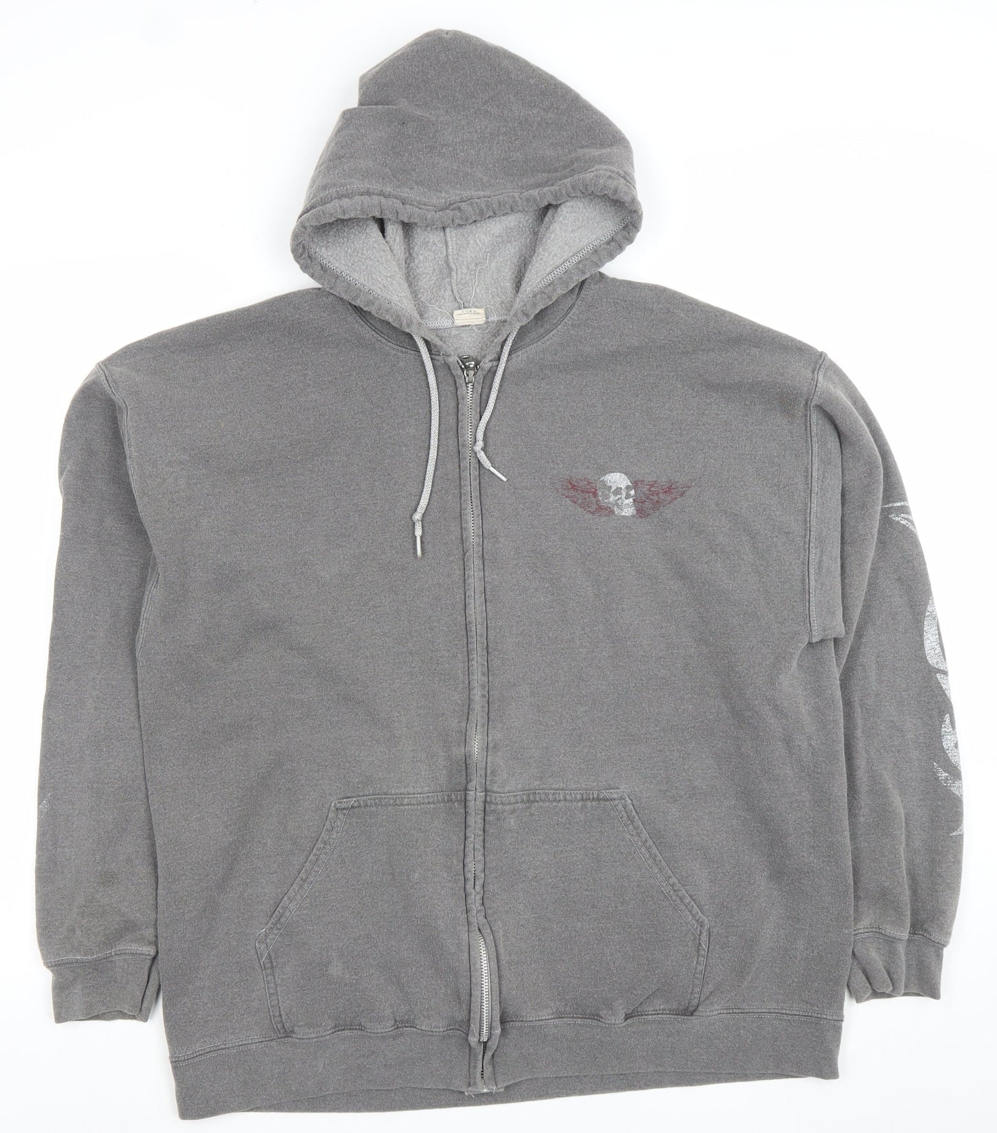 Mega Outfitters Men's Grey Full Zip Skull Graphic Hoodie Size M