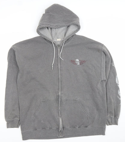 Mega Outfitters Men's Grey Full Zip Skull Graphic Hoodie Size M