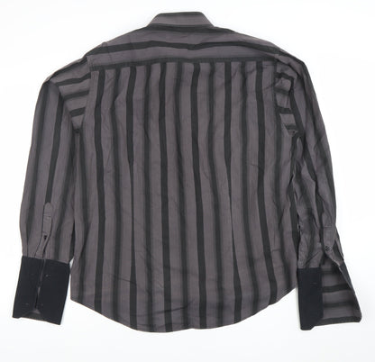 Mitu Uomo Men's Grey Striped Cotton Long Sleeve Formal Dress Shirt L