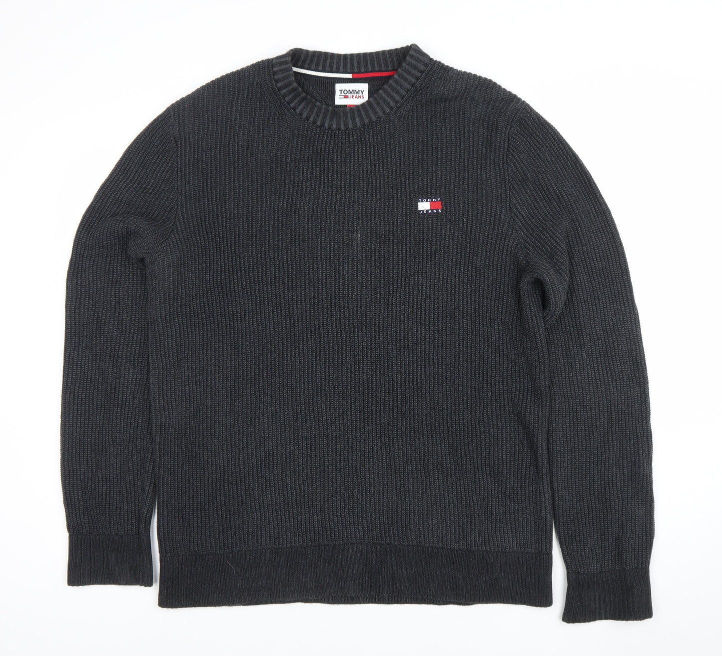 Tommy Jeans Mens Black Cotton Crew Neck Ribbed Pullover Jumper L