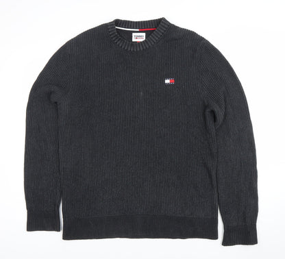 Tommy Jeans Mens Black Cotton Crew Neck Ribbed Pullover Jumper L