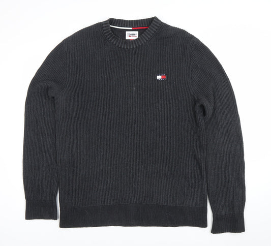 Tommy Jeans Mens Black Cotton Crew Neck Ribbed Pullover Jumper L