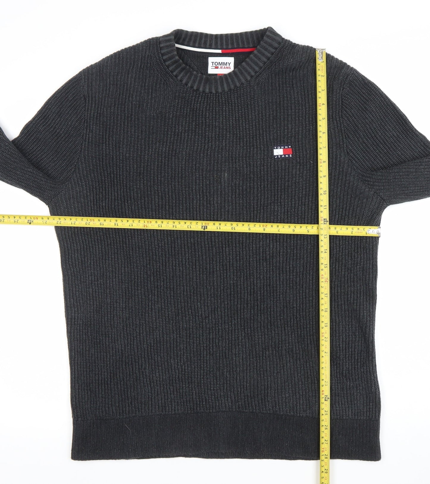 Tommy Jeans Mens Black Cotton Crew Neck Ribbed Pullover Jumper L