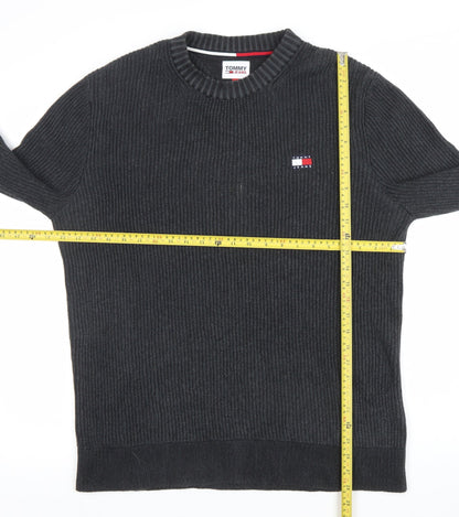 Tommy Jeans Mens Black Cotton Crew Neck Ribbed Pullover Jumper L