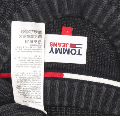 Tommy Jeans Mens Black Cotton Crew Neck Ribbed Pullover Jumper L