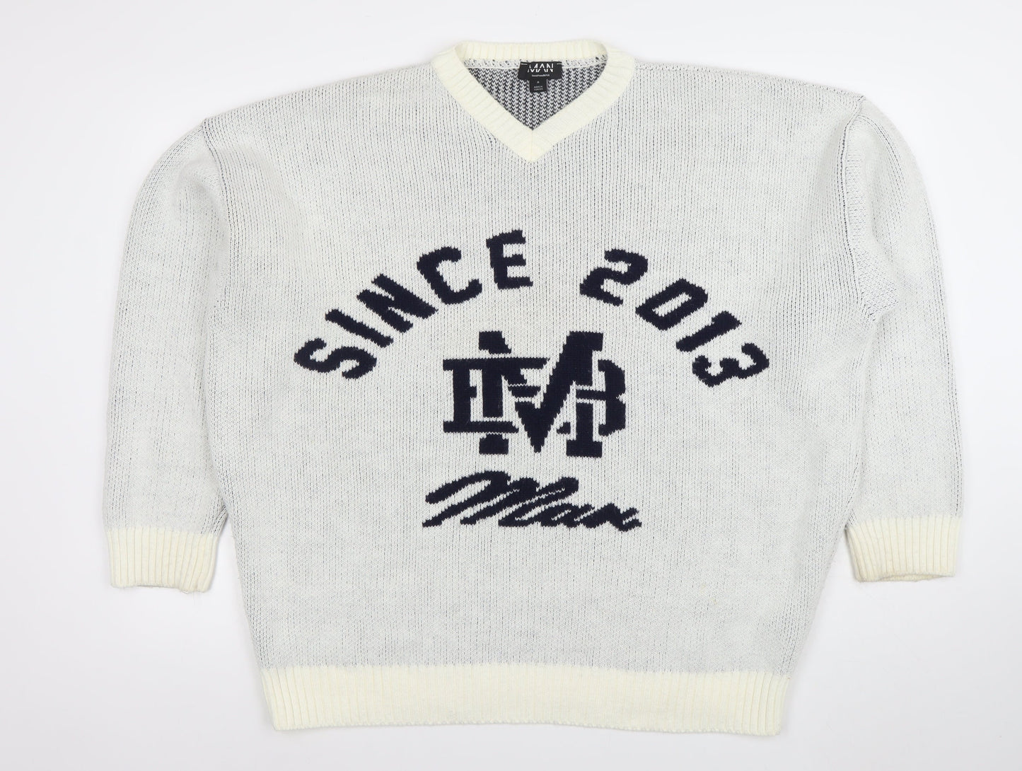 BoohooMAN Men's White V-Neck Graphic Knit Pullover Jumper Size M