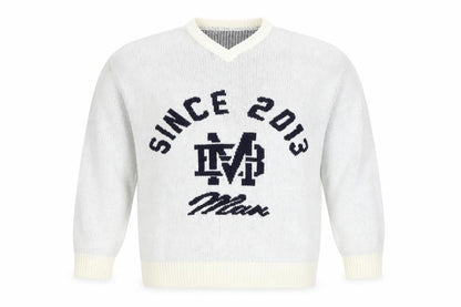 Front view of boohooMAN Men's White V-Neck Graphic Knit jumper, size M