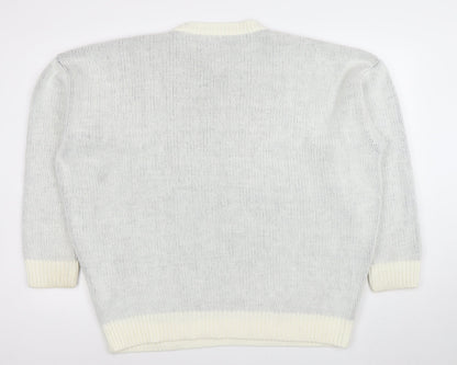 BoohooMAN Men's White V-Neck Graphic Knit Pullover Jumper Size M