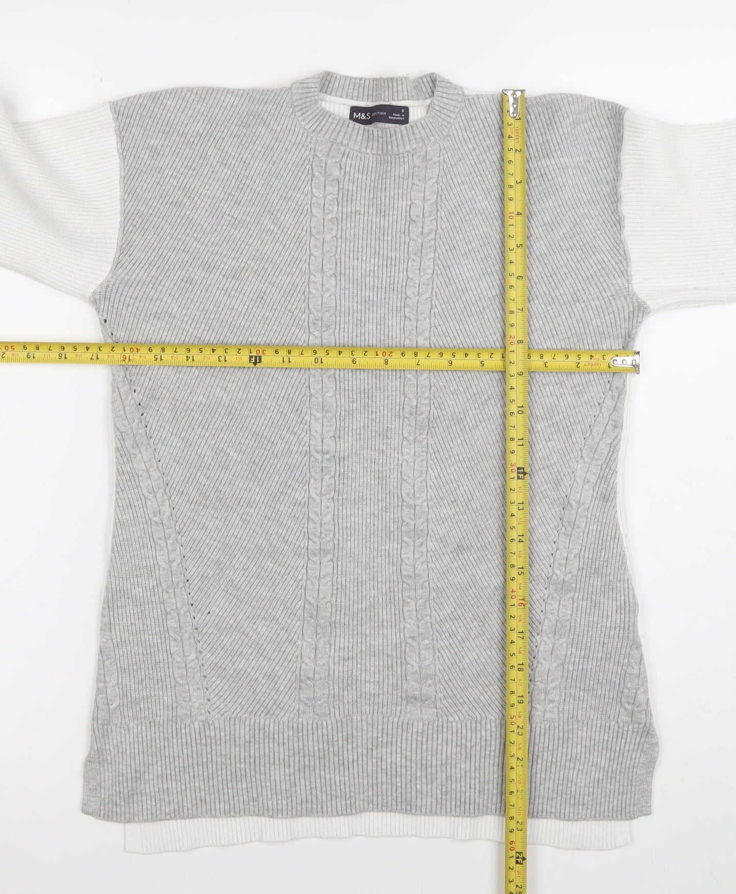 Marks and Spencer Women Grey Cable Knit Crew Neck Jumper Size S