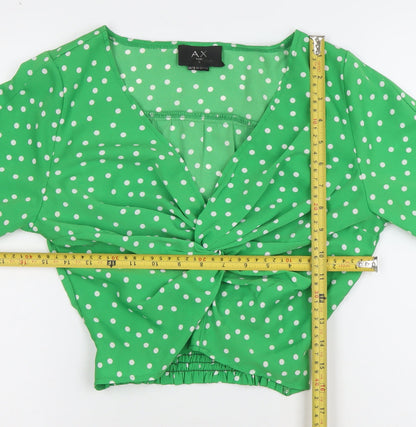 AX Womens Green Polka Dot V-Neck Cropped Long Sleeve Blouse Size 6