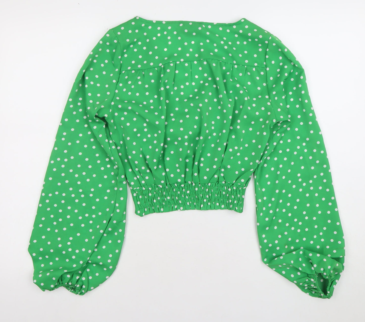 AX Womens Green Polka Dot V-Neck Cropped Long Sleeve Blouse Size 6