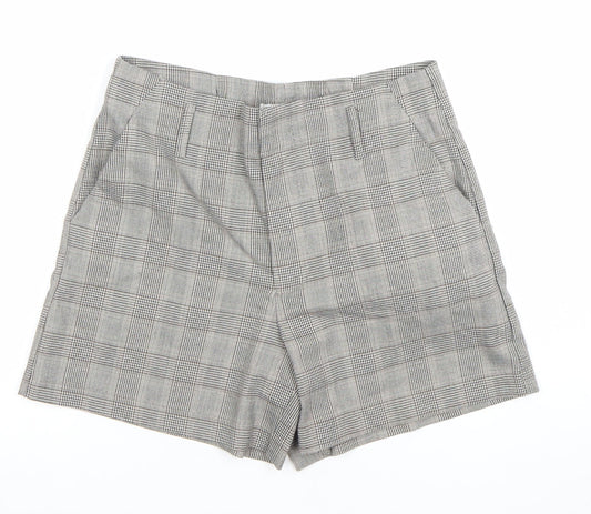 Additional front view of Only Women Grey Check Chino Shorts, size 8, Regular Fit Tailored