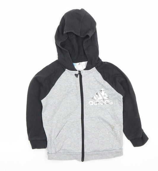 Adidas Boys Grey Black Full Zip Hoodie Size 3-4 Years Cotton Blend