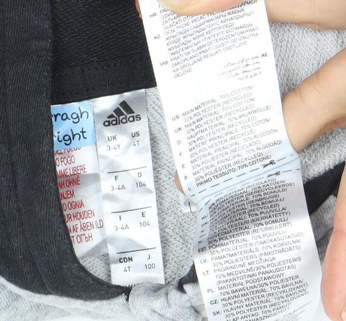 Adidas Boys Grey Black Full Zip Hoodie Size 3-4 Years Cotton Blend